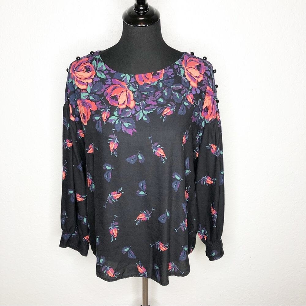 Anthropologie Maeve black pink floral balloon sleeve linen blend top size Medium